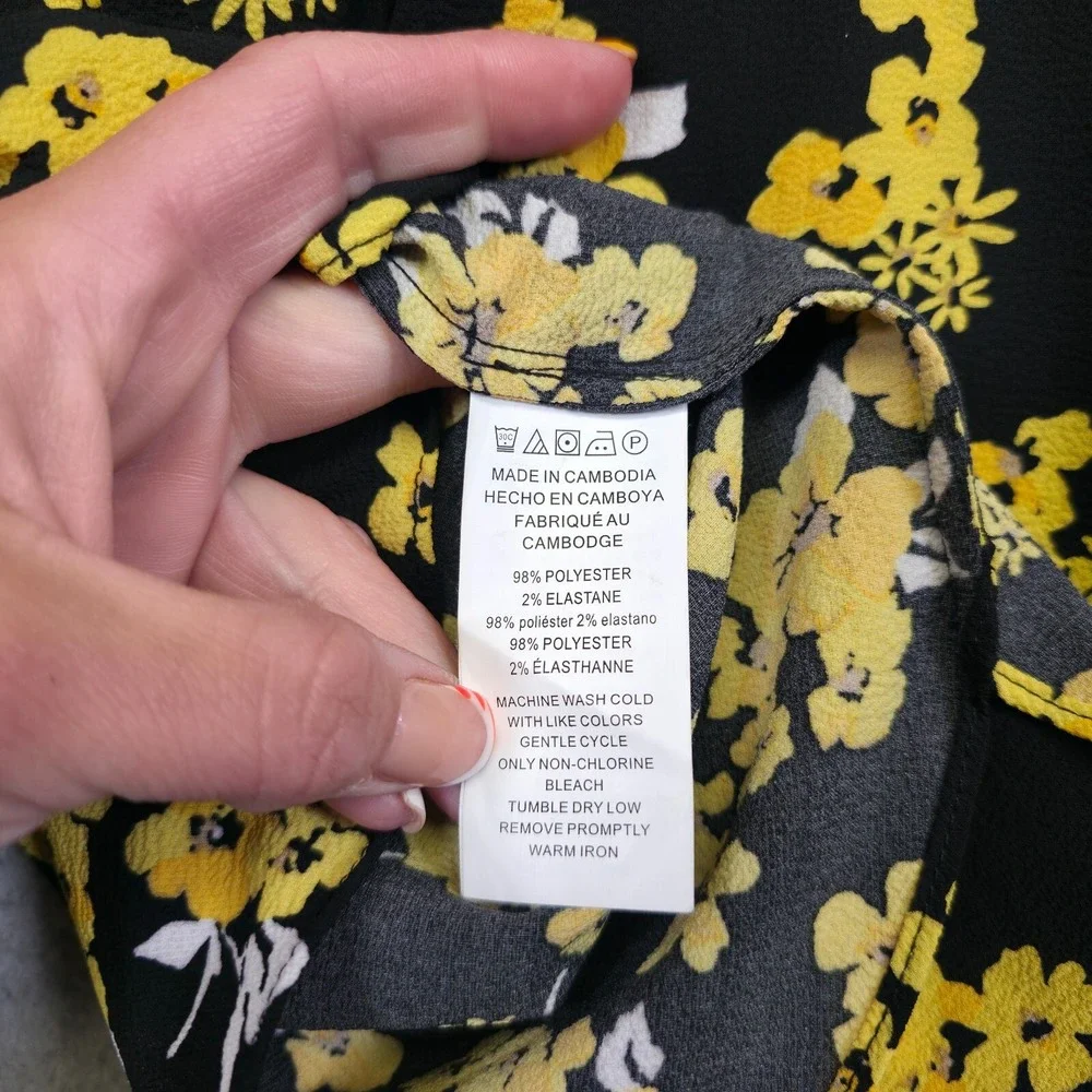 Michael Kors Top Womens L Black Yellow Tie Sleeve Floral Colorful Resort Elegant